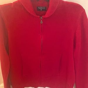 Nautical true red zip front sweater. Shawl collar with cuff at sleeves